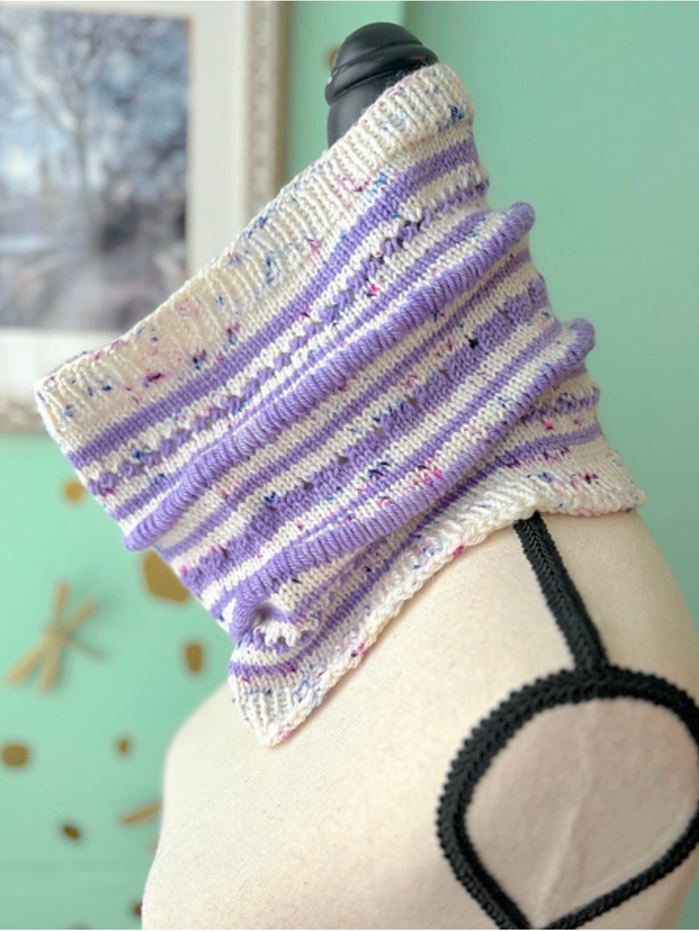 Gorgeous Bespoke Hand Knit Purple and Cream Infinity Style Neck Scarf: Warmer